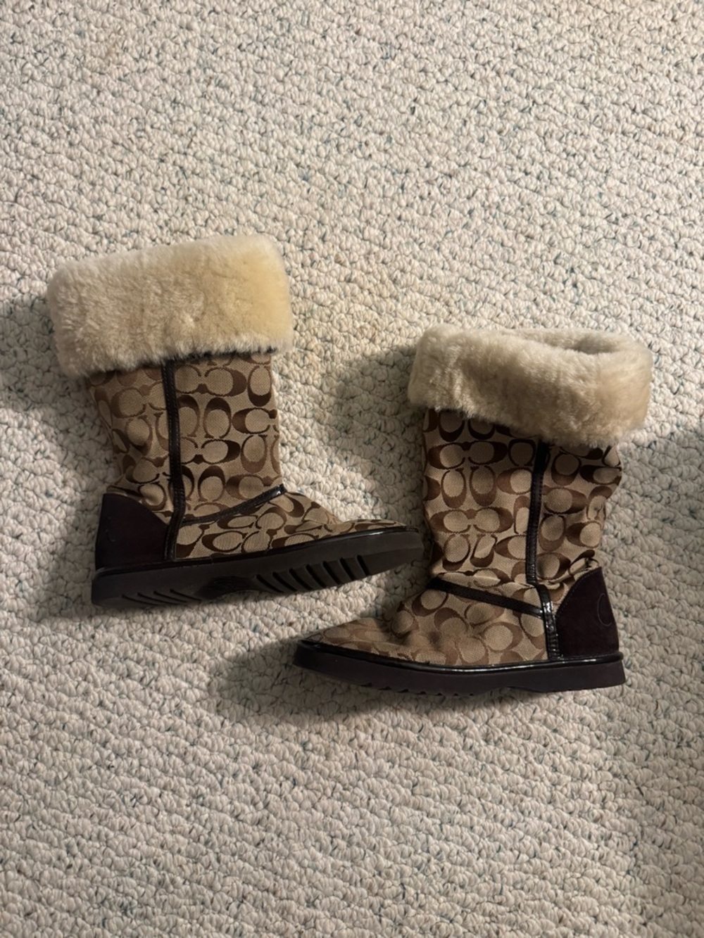 Coach Brown Signature Monogram Shearling Cuff Boots
